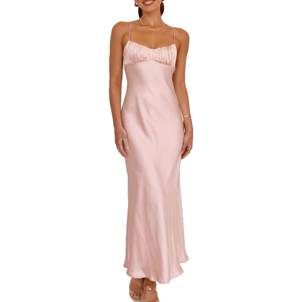 Pink Satin Maxi Dress Spaghetti Strap Backless Ruched Bust Cutout Coquette Dress